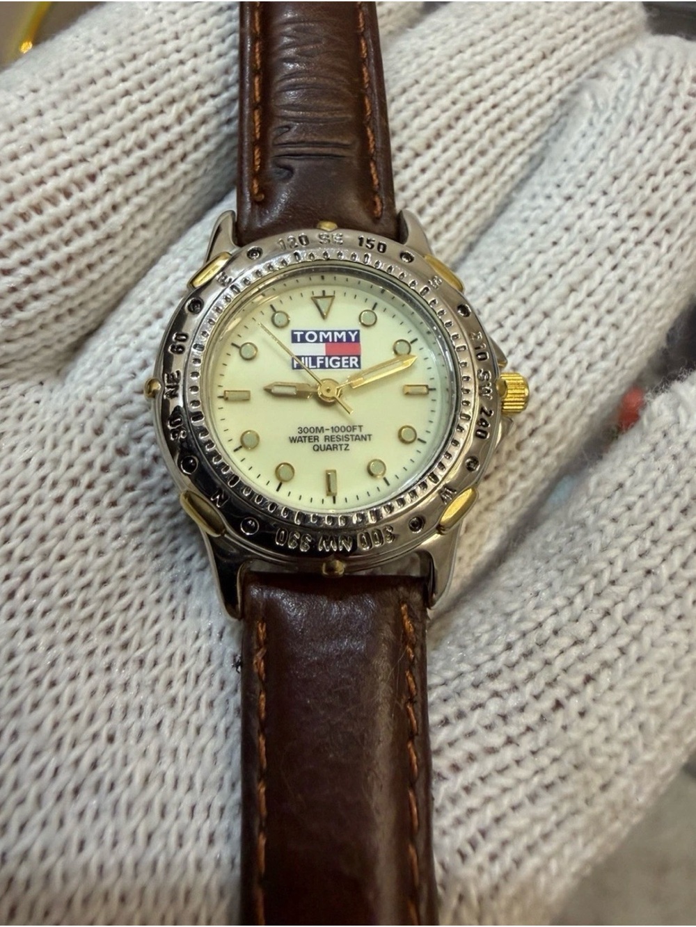 Vintage Tommy Hilfiger Watch 1238 Cream Dial Two Tone Compass Bezel USA Movt 90s
